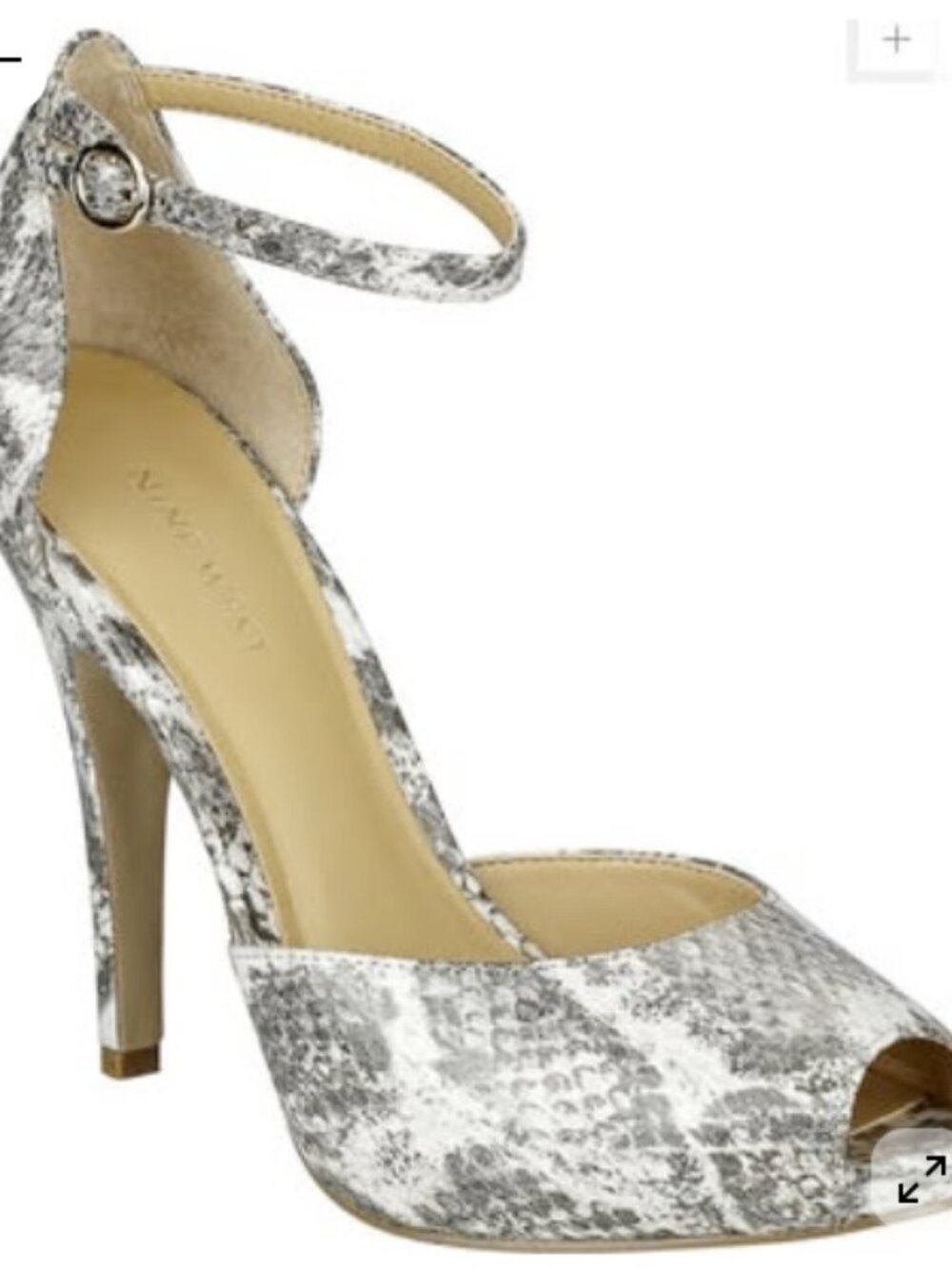 Nine West Silver Snakeskin Peep-Toe Ankle Strap Heels Size 9.5